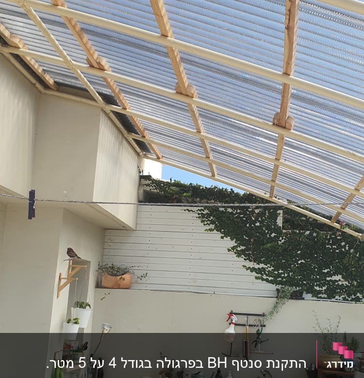 גג עץ עם כיסוי פלסטיק מעל גינה קטנה